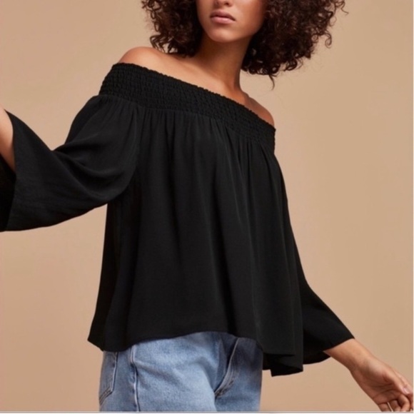 Aritzia Talula Marcilly Black Smocked Off Shoulder Blouse - Picture 1 of 10